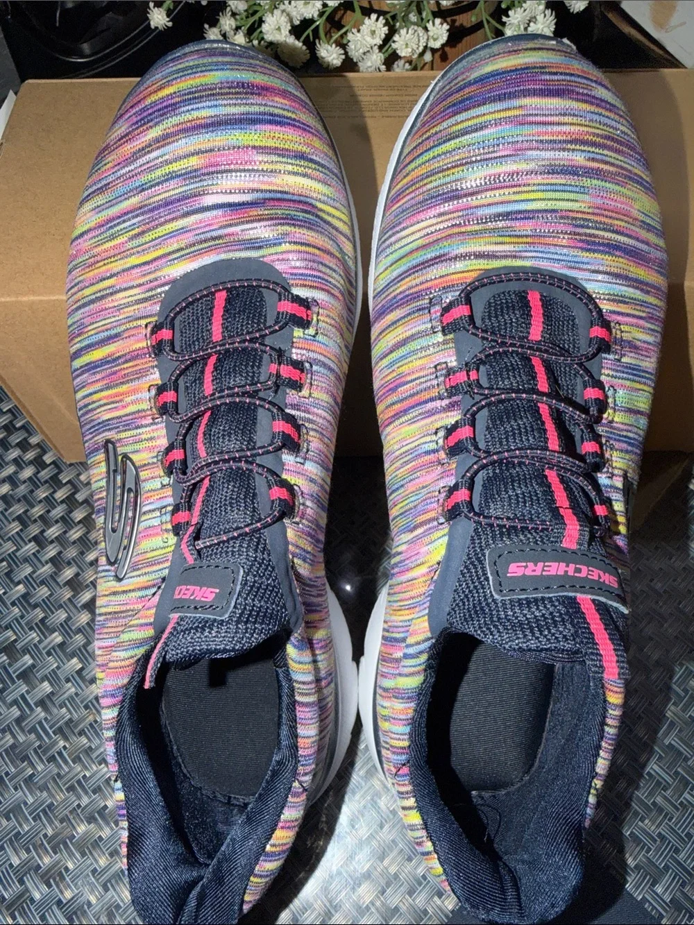 Skechers Women's Multicolor Knit Slip-On Sneakers with Pink Accents